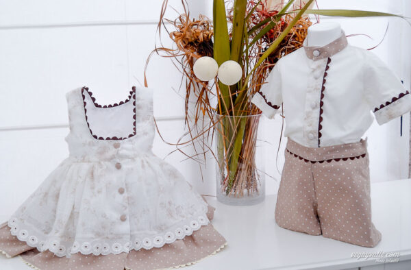 vestido para niña y conjunto para niño en tonos tostados ideal para los idas calurosos de verano
